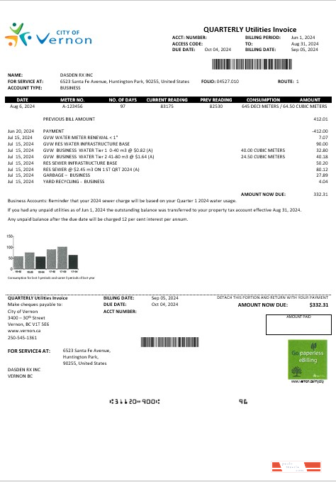 USA Canada City of Vernon water business utility bill template in Word and PDF formats